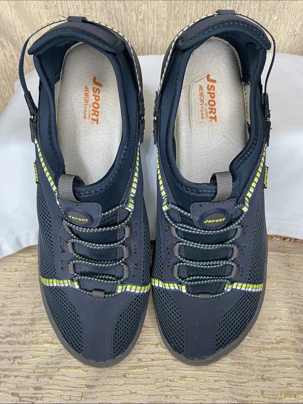J Sport Tahoe Encore Navy Athletic Slip-On Sneakers with Lime Accents Sz 11 Mint